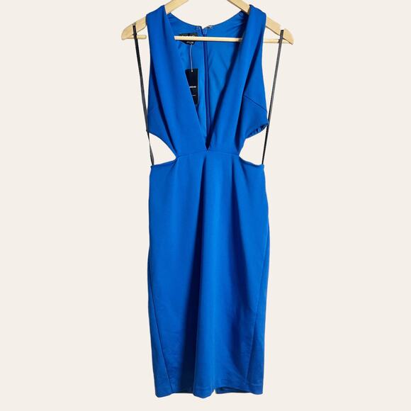 Bebe Fierce Deep V Plunge Side Cut Out Blue Ponte Dress Size S - Picture 4 of 12